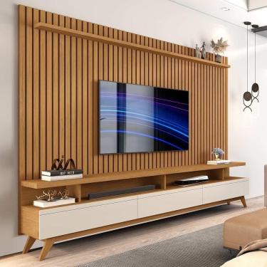 Imagem de Rack Com Painel Ripado Para Tv Até 75 Polegadas 1.8 Nature Off White Versátil Giga Móveis