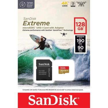 Imagem de Cartão Micro SD 128GB Sandisk Extreme com adaptador, captura de vídeo 4K UHD e Full HD, SDSQXAA-128G-GN6MA
