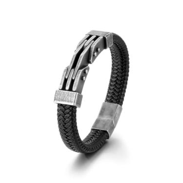Imagem de Klapgo Pulseira masculina de couro trançado rock punk de aço inoxidável, pulseira com acabamento de metal antigo, Large, Couro, Sem Pedra Preciosa