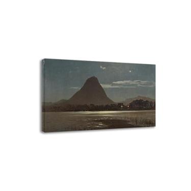 Imagem de LTY ADHML Saltzman.apan, lago interior com templo iluminado na costa e vulcânica. Reprodução de pinturas famosas. Arte de parede em tela. Imagem para decoração de casa 80 x 120 cm com moldura interna