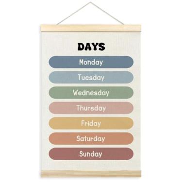 Imagem de TLESKE Moldura Boho Classroom Days of the Week Poster Hanger Frame, Homeschool Hanging Wall Art Decor for Toddlers Kids Room Nursery Playroom, Preschool Prek Learning Educational Poster Print Banner,