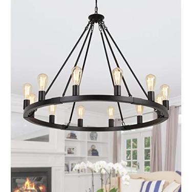 Imagem de AMZASA Grande Lustre de Roda de Vagão de Fazenda, Preto Industrial Redondo 12 Luzes Luminária de Sala de Jantar para Cozinha Sala de Estar Foyer Hotel Dia38,2 Polegadas Ul Listado