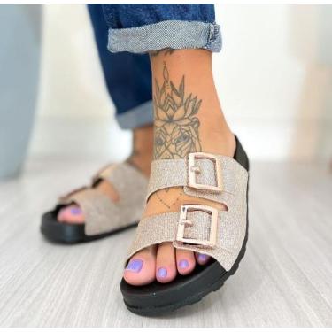 Imagem de Sandália Tratorada Feminina Moleca Gliter Rasteirinha Fivelas, Ouro ro