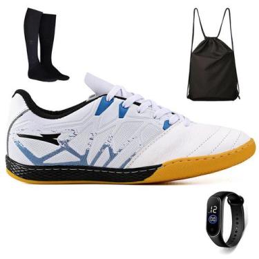 Imagem de Kit Chuteira Futsal Masculina Bico de Couro + Mochila + Meião e Relogi