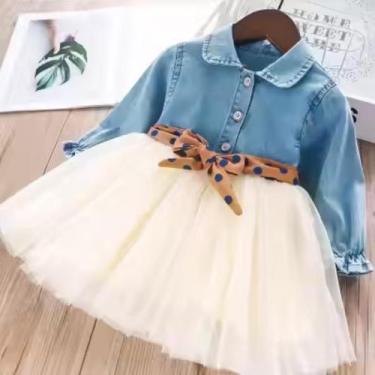 Imagem de Vestido Infantil Jeans Com Saia Tule Branco e Cinto Luxuoso - Genérica
