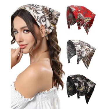 Imagem de AWAYTR Bandana de cabelo com 3 peças, para mulheres, meninas, cachecol, bandana, camada dupla, triângulo, cabeça, lenço, faixa de cabelo Boho, Paisley - Preto / Branco / Vermelho, 3 Count (Pack of 1)