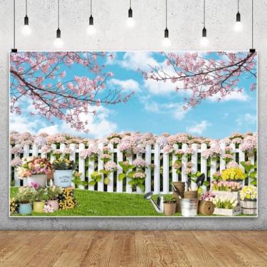 Imagem de Leowefowa 3 x 2,4 m primavera flores brancas rosa pano de fundo paisagem primavera jardim cerca fundo céu azul flores rosa floresta casamento chá de bebê festa de aniversário faixa decoração