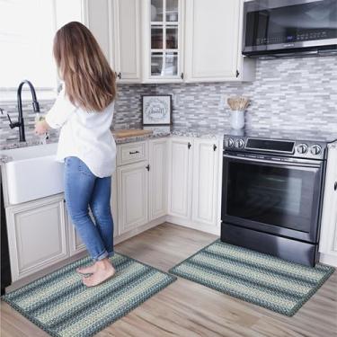 Imagem de Homespice Conjunto de 2 tapetes de cozinha Blue Oasis de 43 x 119 cm + 43 x 73 cm, tapete antiderrapante e corredor de cozinha lavável