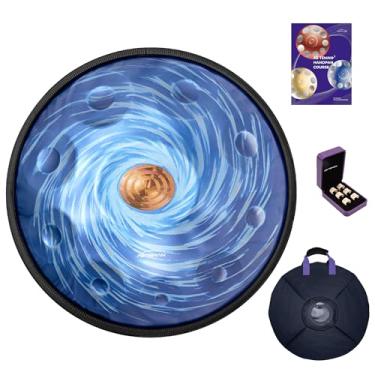 Imagem de AS TEMAN HANDPAN, Instrumento de Percussão Handpan Em D Menor 10 Notas 440Hz Tambor de Mão de Aço com Bolsa de Percussão Macia, 2 Martelos Handpan, Suporte Handpan, Pano Sem Poeira, Buraco Preto Azul