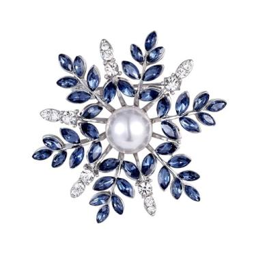 Imagem de Broche de lapela azul CZ floco de neve pérola cristal de Natal para mulheres senhora delicados strass inverno flor broches pin terno vestido pano acessórios moda joias presente para Ação de Graças