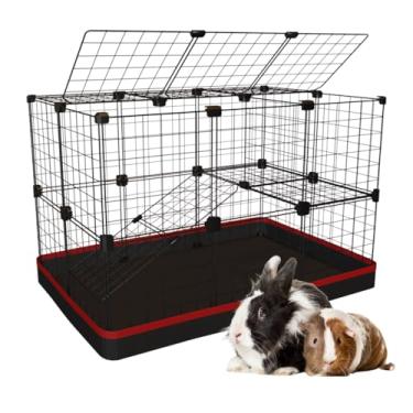 Imagem de Cercado Porquinho da Índia Gaiola para Coelho 60x90x60cm com 2 Andares Rampa e Teto Bandeja Higiênica Tapete Fácil de Limpar (Tela Preta e Tapete Preto)
