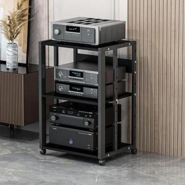 Imagem de Suporte de mídia AV móvel de 3/4/5 níveis Prateleira de canto para leitor de CD, gabinete de armazenamento de componentes estéreos, torre de áudio com prateleiras de madeira ajustáveis de altura para