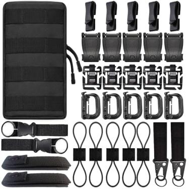 Imagem de Kit de acessórios Molle de 32 peças, conjunto de acessórios de mochila tática com porta-chaves, clipes Grimloc de anel D, fivelas de gerenciamento de correia, dominadores de teia elástica,