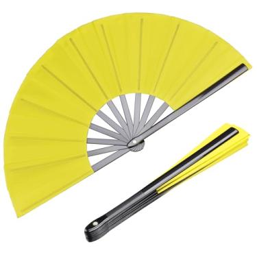 Imagem de HONSHEN Pacote com 2 leques grandes dobráveis de mão, amarelo chinês Kung Fu Tai Chi Fãs de tecido de nylon para homens e mulheres apresentações, dança, decorações, festival, presente (ventilador