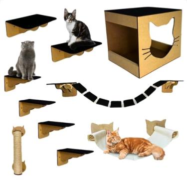 Imagem de Playground Gatos 10 Peças 6mm mdf Completo com Arranhador Sisal e Rede Pinus