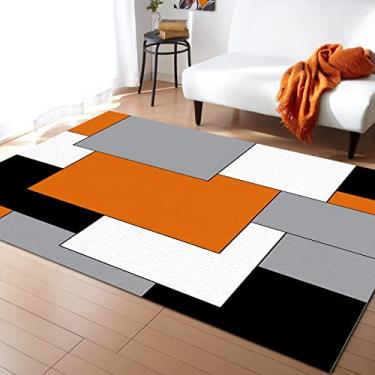 Imagem de Tapete geométrico preto laranja antiderrapante retangular para ambientes internos 8 x 1,5 m, bloco de cores abstratas laranja preto cinza tapete de borracha tapete contemporâneo decoração de casa