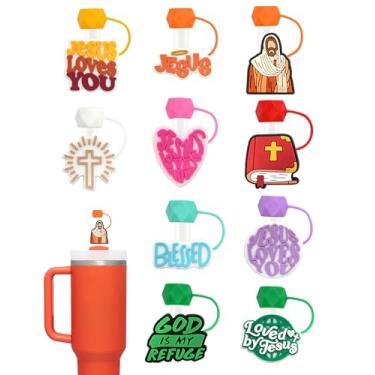 Imagem de Pabucle Pacote com 10 tampas de palha Jesus para copos, 10 mm bonito polígono à prova de poeira topo de palha para garrafas de água Stanley copos acessórios presentes para mulheres lembrancinhas de