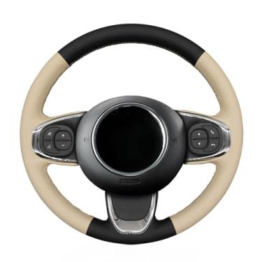 Imagem de MEWANT Capa protetora de volante de carro em couro PU preto + bege costurado à mão para Fiat 500 2015-2021 / 500C 2016-2021 Acessórios de volante para Fiat 500