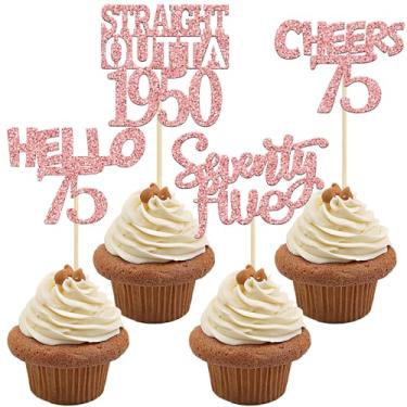 Imagem de Gyufise Pacote com 24 enfeites de cupcake em ouro rosa com glitter 75 Straight Outta 1950 Setenty Five Hello 75 Cheers to 75 Years Birthday Cupcake Picks for 75th Birthday Anniversary Cake Decoration