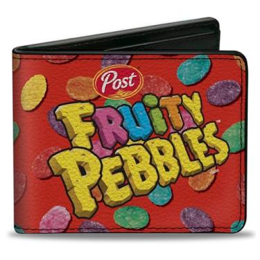 Imagem de Carteira Flintstones, dobrável, logotipo Post Fruity Pebbles e cereais espalhados em vermelho multicolorido, couro vegano, 4.0" x 3.5", Casual