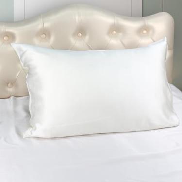 Imagem de ESASILK Fronha 100% seda amoreira com parte inferior de bambu, fronha de seda branca para cabelo e pele, 50 x 76 cm capa de almofada de seda pura com zíper oculto, 1 pacote (branco, Queen)