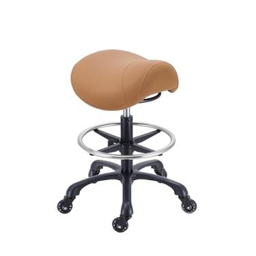 Imagem de Coczeb Banqueta com rodas – Banco de rodinhas resistente para salão, spa, unhas, bar de massagem e cozinha – altura ajustável 360° giratório e assento ergonômico (marrom estilo executivo, banquinho)