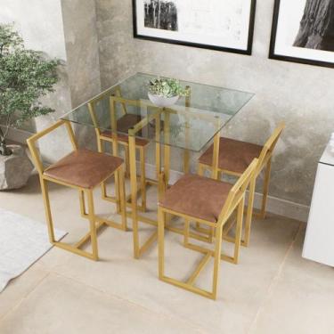 Imagem de Conjunto Mesa Vidro 4 Cadeiras Pequena Estofado Industrial Dourado - D