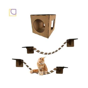 Imagem de kit play para gato de parede em mdf com 1 nicho e 2 pontes - ALBERTINA