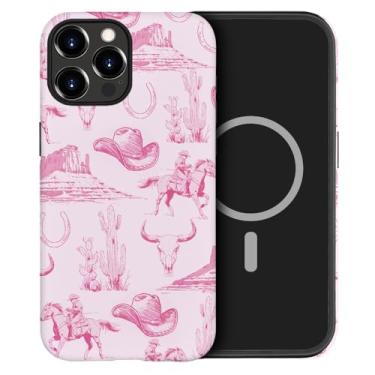 Imagem de DAIZAG Capa compatível com iPhone 14 Pro, [compatível com MagSafe], capa protetora à prova de choque para meninas e mulheres - chapéu de cowboy rosa vintage cavalos cactos