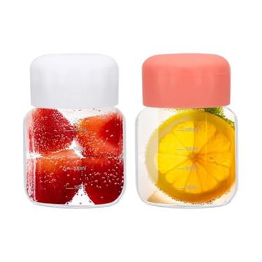 Imagem de PATIKIL Garrafas pequenas de vidro de suco com tampas, 2 peças de 300 ml garrafa de água de vidro borossilicato à prova de vazamento, garrafas de bebida fofas para sucos, geladeira, leite, branco/rosa
