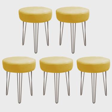 Imagem de Kit 05 Banquetas Puff Jullia Luxo 55cm Industrial Ferro Marrom Corino Amarelo - Ahz Móveis
