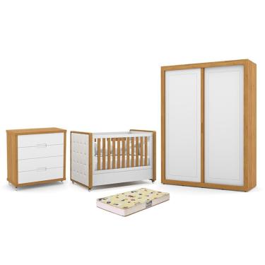 Imagem de Dormitório Tutto New 2 Portas, Cômoda 4 Gavetas e Berço com Capitonê e Colchão Supreme - Matic Móveis Branco Soft/Freijó