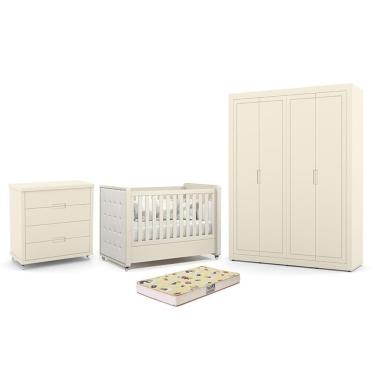Imagem de Dormitório Tutto New 4 Portas, Cômoda 4 Gavetas e Berço com Capitonê e Colchão Supreme - Matic Móveis Off White
