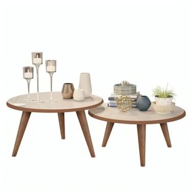 Imagem de Conjunto 2 Mesas De Centro Redonda Para Sala De Estar Casa Decorativa Com Pés Palito Madeira(Conjunto de Mesas Off-Freijó)