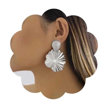 Imagem de Allereyae Brincos de folhas de lótus góticas, brincos de metal floral, pingente de folha dourada, joia de folha martelada para mulheres, Zinco, Sem pedra preciosa