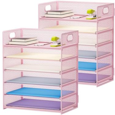 Imagem de Marbrasse Pacote com 2 organizadores de mesa com alça, bandeja de papel de 6 camadas, organizador de arquivos de mesa de malha para escritório, escola e casa - rosa
