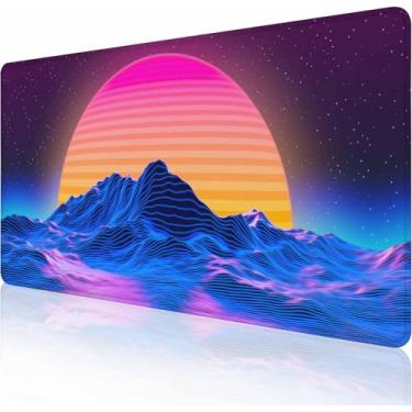Imagem de Lindo tapete de mesa retrô sol montanha neon paisagem almofada de mesa XXL grande tapete de mouse pad grande mesa completa gamer laptop computador teclado mouse tapete 14 x 15 polegadas decoração de