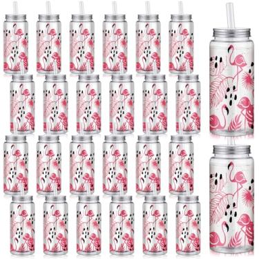 Imagem de Pacote com 24 copos de plástico flamingo com tampa e canudo 382 g Copos de festa havaianos rosa flamingo lembrancinhas reutilizáveis para aniversário, despedida de solteira, chás de panela