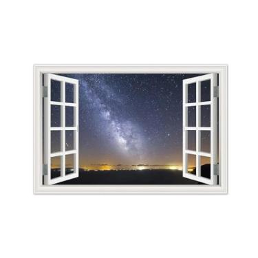 Imagem de Vista da Janela Paisagem Pintura em Tela-Céu estrelado roxo-Impressão Lona Arte Parede Natural-Decoração Sala Estar 60x90cm Sem Moldura