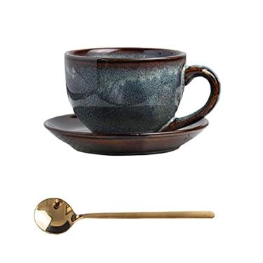 Imagem de Cuiynice caneca (empréstimo) Conjunto de xícara de café e pires retrô para troca de forno redondo quadrado xícara de cacau de cerâmica para escritório, presente para família, amigos, colegas e amantes