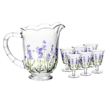 Imagem de Conjunto de Jarra e Taças de Vidro com Estampa de Lavanda, 7 Peças, Transparente e Lilás