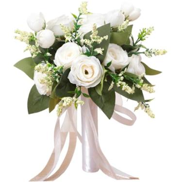 Imagem de Buquê de casamento para noiva, buquê de rosas românticas com folhas verdes, flor de seda realista artificial para dama de honra, peça central, decorações de casamento, branco