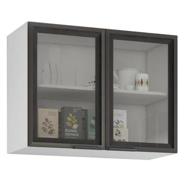 Imagem de Armário Aéreo Rubi Com 2 Portas De Vidro Bartira Branco Com Freixo