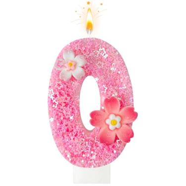 Imagem de Vela de aniversário de flor rosa, número 0, velas de aniversário para bolo, festa de aniversário ideal, decoração de bolo, aniversário de casamento e outras celebrações (flor 0)
