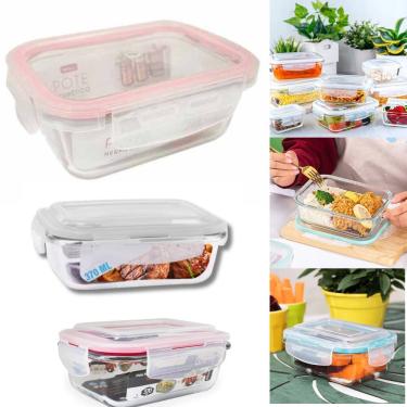 Imagem de Pote Vidro Mantimentos Hermética Tampa Com Trava Silicone Rosa Marmita 370ml