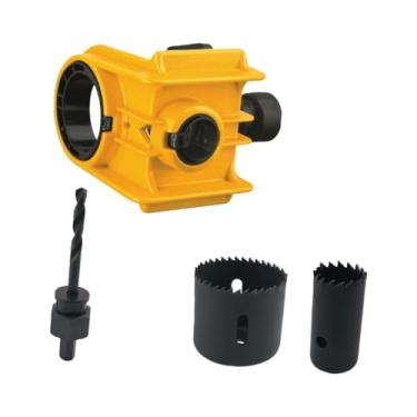 Imagem de WeiLaiKeQi Kit de instalação de fechadura de porta 2 buchas ajustáveis ​​para ferragens redondas e fechaduras com guia de gabarito para furos de fechadura de, Amarelo