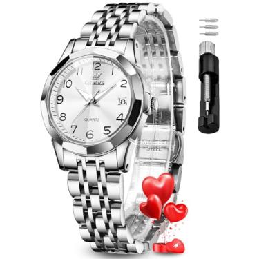 Imagem de OLEVS Relógio feminino moderno vestido diamante relógios femininos para senhoras analógico quartzo aço inoxidável à prova d'água dia luminoso data relógio de pulso dois tons, Prata, Small, Casual