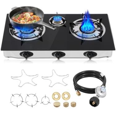 Imagem de Fogão a gás propano, fogão a gás portátil com 3 queimadores, vidro temperado de 0,70 cm, acampamento de ignição automática, 3 queimadores de GLP para trailer, apartamentos, ao ar livre
