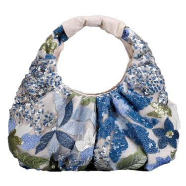 Imagem de Bolsa feminina com bordado floral de paetê, bolsa tiracolo de macramê, bolsa Hobo, bolsas de mão para noite de verão, Azul claro, One Size, C-m-25cxb02-azul claro