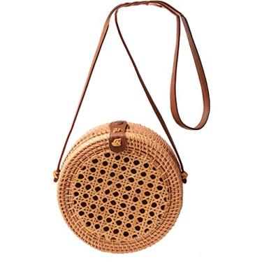 Imagem de SHAREYOIU Bolsas de ombro redondas de vime feitas à mão, estilo tropical de praia natural chique com alça de couro, Rede, BIG ,7.87 x 3.2 inches
